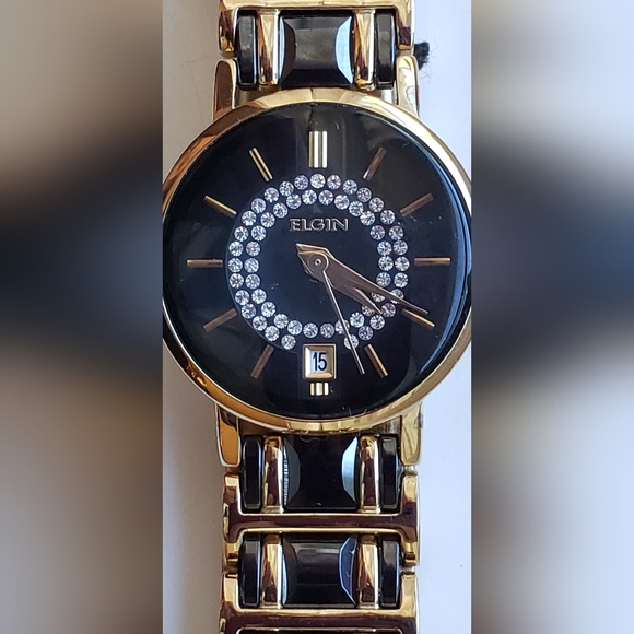 Elgin Women's EG353 Gold-Tone Black Ceramic Crystal Accented Watch. NWT. - Picture 13 of 13